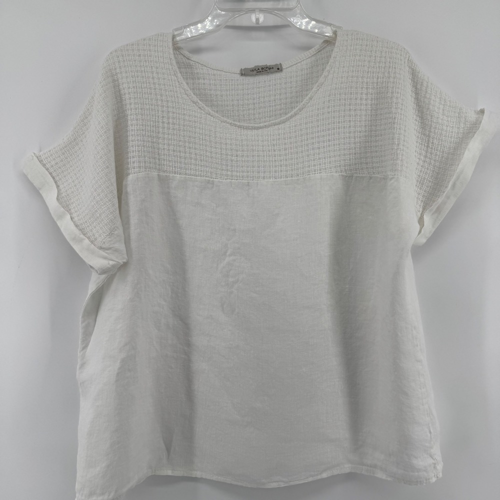 Viola Borghi Linen Blouse Womens Medium White Mixed Media Short Sleeve Italy